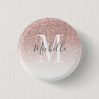 Chapa Redonda De 2,5 Cm Blush Rosa Glitter Monograma Nombre Rosa Dorado Fe
