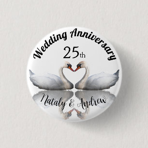 Chapa Redonda De 2,5 Cm Boda Aniversario de la pareja de cisnes blanco