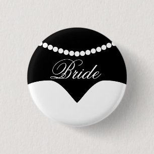 Chapa Redonda De 2,5 Cm Boda blanco negro vestida con collar de perlas
