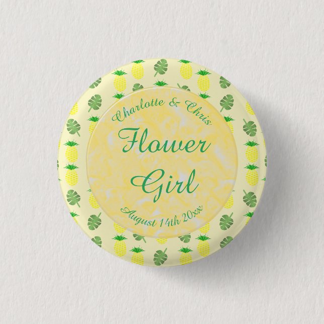 Chapa Redonda De 2,5 Cm Boda de verano tropical Piña y hojas de palmera (Anverso)