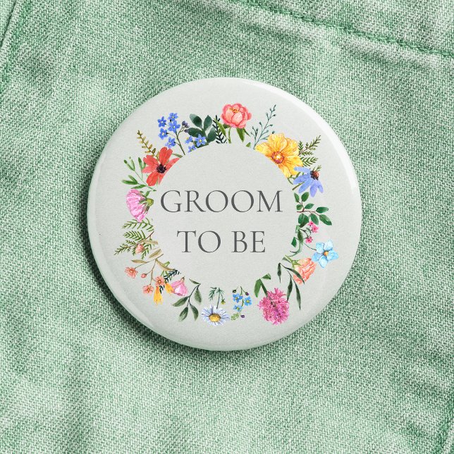 Chapa Redonda De 2,5 Cm Boda de Wildflower Groom (Groom to be Wildflower Watercolor Floral Wreath Wedding Button)