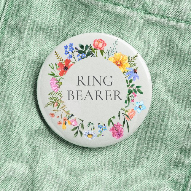 Chapa Redonda De 2,5 Cm Boda de Wildflower Ring Bearer  (Ring Bearer Wildflower Watercolor Floral Wreath Wedding Button)