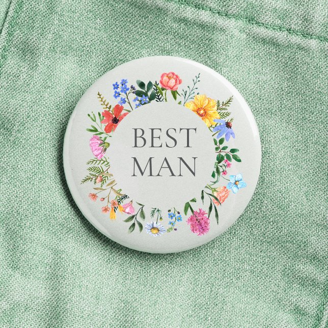 Chapa Redonda De 2,5 Cm Boda del Padrino de la Flor Silvestre  (Best Man Wildflower Watercolor Floral Wreath Wedding Button
)