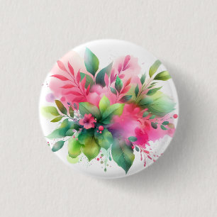 Chapa Redonda De 2,5 Cm Botánico Floral Acuarela Rosa Verde