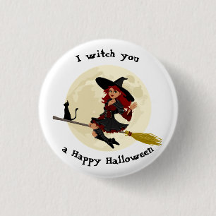 Chapa Redonda De 2,5 Cm Bruja amistosa de Halloween en la escoba y el gato