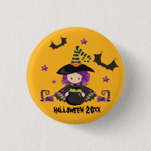 Chapa Redonda De 2,5 Cm Bruja de dibujos animados de Halloween Murciélagos