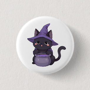 Chapa Redonda De 2,5 Cm Bruja Gato Negro Kawaii Halloween Caldero
