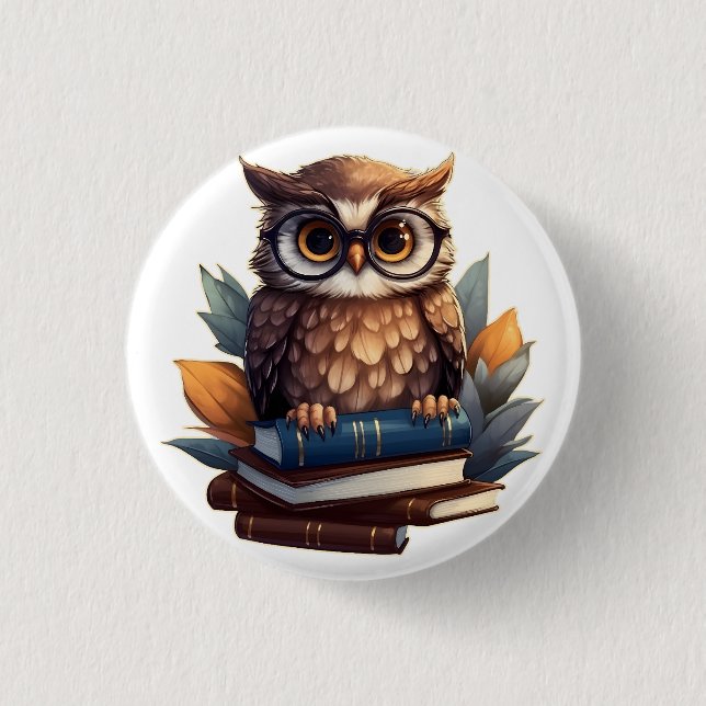 Chapa Redonda De 2,5 Cm Búho con libros (Anverso)