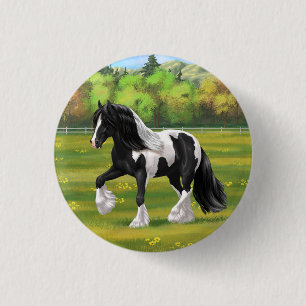 Chapa Redonda De 2,5 Cm Caballo de Vanner de Black Pinto Piebald Gypsy