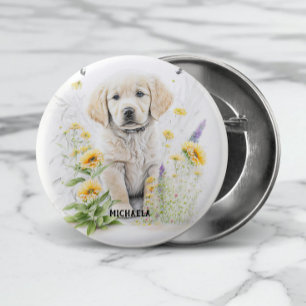 Chapa Redonda De 2,5 Cm Cachorro de Golden Retriever y nombre monograma co