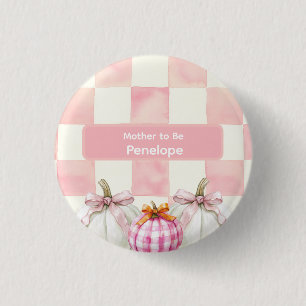 Chapa Redonda De 2,5 Cm Calabaza rosa otoño: madre de Baby Shower en Gingh