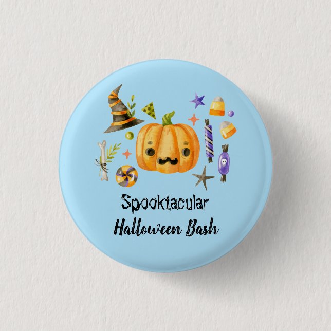Chapa Redonda De 2,5 Cm Calabaza Spooktacular Halloween Bash Fiesta Azul (Anverso)