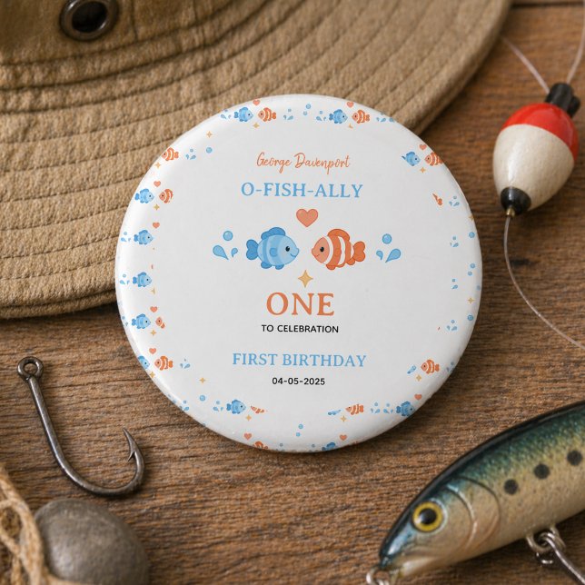 Chapa Redonda De 2,5 Cm Caña de Pescar Antigua O-Fish-Ally Uno Cumpleaños  (Vintage Fishing Rod O-Fish-Ally One 1st Birthday button)
