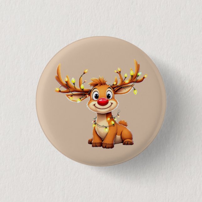 Chapa Redonda De 2,5 Cm Cartoon reindeer with red nose and lights (Anverso)