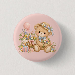 Chapa Redonda De 2,5 Cm Celebración del Oso de Peluche Vintage con Flores 