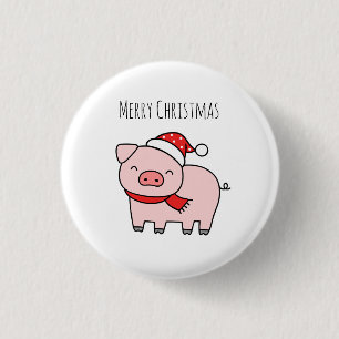 Chapa Redonda De 2,5 Cm Cerdo rosa lindo Feliz Navidad Minimalista