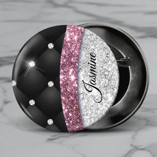Chapa Redonda De 2,5 Cm Chic femenino monograma falso de brillo plateado n