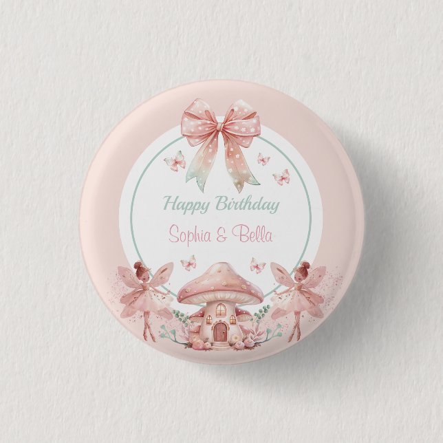 Chapa Redonda De 2,5 Cm Chicas de hadas Mushroom House Ribbon Twins Cumple (Anverso)