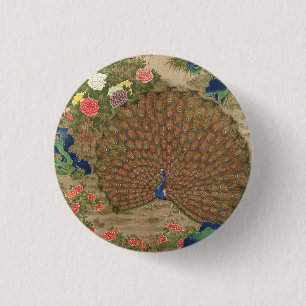 Chapa Redonda De 2,5 Cm Chinoiserie Pavo Azul con Jardín de Flores Exótica
