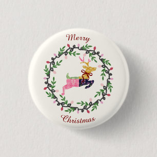Chapa Redonda De 2,5 Cm Ciervo de Feliz Navidad con Corona Personalizable
