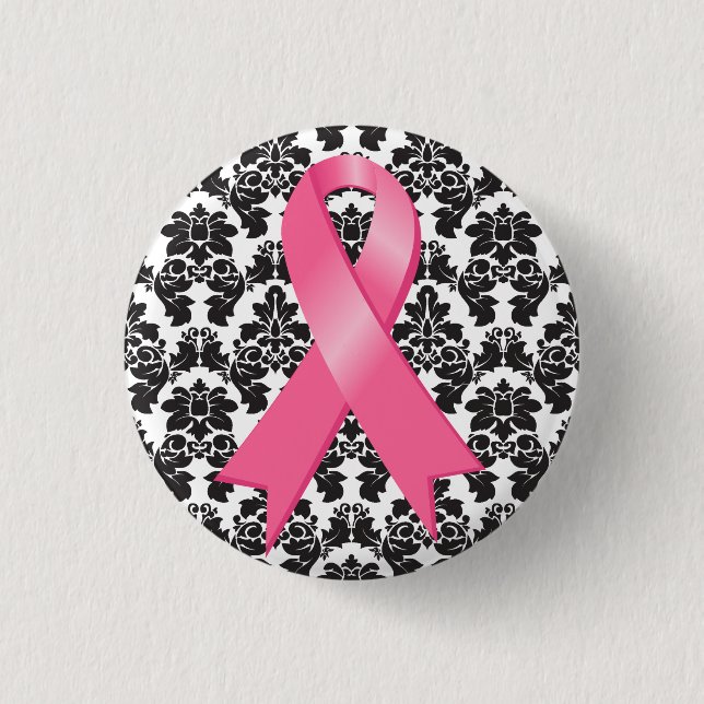 Chapa Redonda De 2,5 Cm Cinta rosa Damask para el cáncer de mama (Anverso)