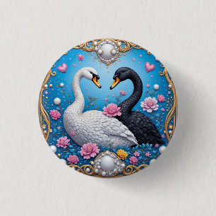 Chapa Redonda De 2,5 Cm Cisnes de boda enmarcados con oro y flores