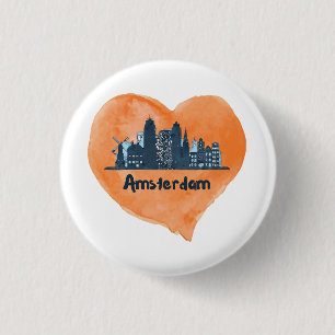 Chapa Redonda De 2,5 Cm Colorido Amsterdam City Skyline Watercolor Heart P