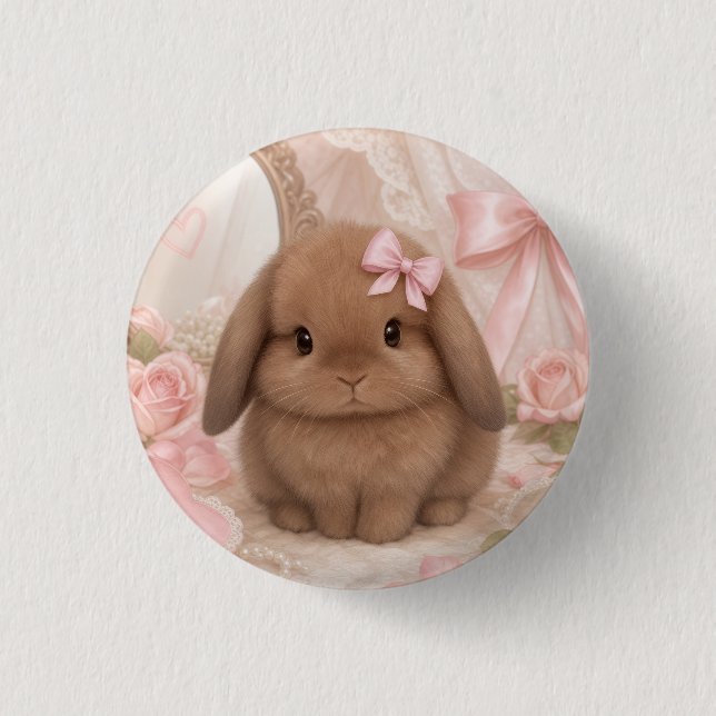 Chapa Redonda De 2,5 Cm conejo coquette lazo rosa  (Anverso)