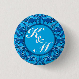 Chapa Redonda De 2,5 Cm Corazón de Damasco Azul y Turquesa de Cobalto de P
