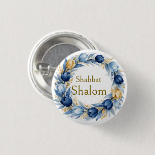 Chapa Redonda De 2,5 Cm Corona de oro azul, Shabbat Shalom Acuarela Glam