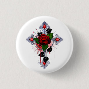 Chapa Redonda De 2,5 Cm Cruz de Plata con una Rosa Roja