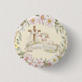 Chapa Redonda De 2,5 Cm Cruz floral y cordero | Felices Pascuas