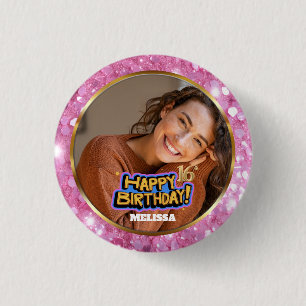Chapa Redonda De 2,5 Cm Cumpleaños 16 con nombre y foto con brillo rosa y