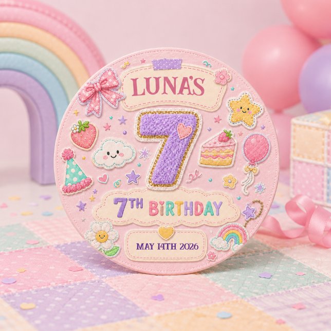 Chapa Redonda De 2,5 Cm Cumpleaños 7 Pastel Parche Rainbow Niña (Pastel Patchwork Rainbow 7th Birthday Party Girl Button
)