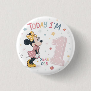 Chapa Redonda De 2,5 Cm Cumpleaños Cute Watercolor Mouse Girl con Lazo 1er