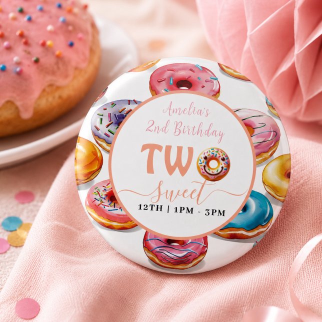 Chapa Redonda De 2,5 Cm Cumpleaños de dos dulces donas 2 (Two Sweet Donuts 2nd Birthday party Button)