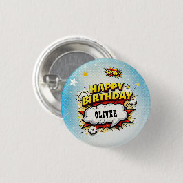 Chapa Redonda De 2,5 Cm Cumpleaños de niño con nombre de superhéroe de est
