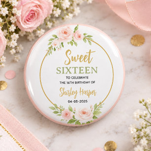 Chapa Redonda De 2,5 Cm Cumpleaños de Sweet Sixteen con letra dorada flora