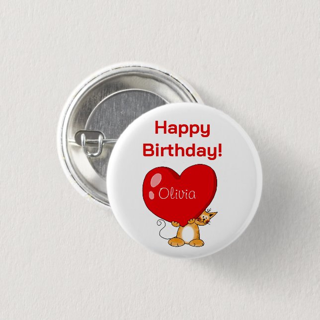 Chapa Redonda De 2,5 Cm Cumpleaños Feliz Personalizado Corazón Gato (Anverso y reverso)