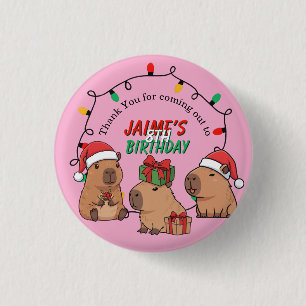 Chapa Redonda De 2,5 Cm Cumpleaños Fiesta Navideña Capybara Rosa