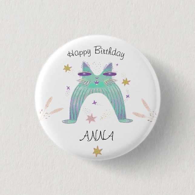 Chapa Redonda De 2,5 Cm cumpleaños gato arcoíris  (Anverso)