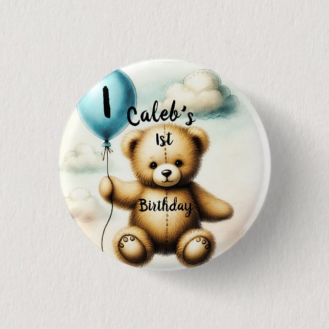 Chapa Redonda De 2,5 Cm Cumpleaños número 1 Teddy Bear Blue Balloon (Anverso)