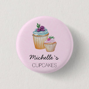 Chapa Redonda De 2,5 Cm Cupcakes rosados y frutas acuarela