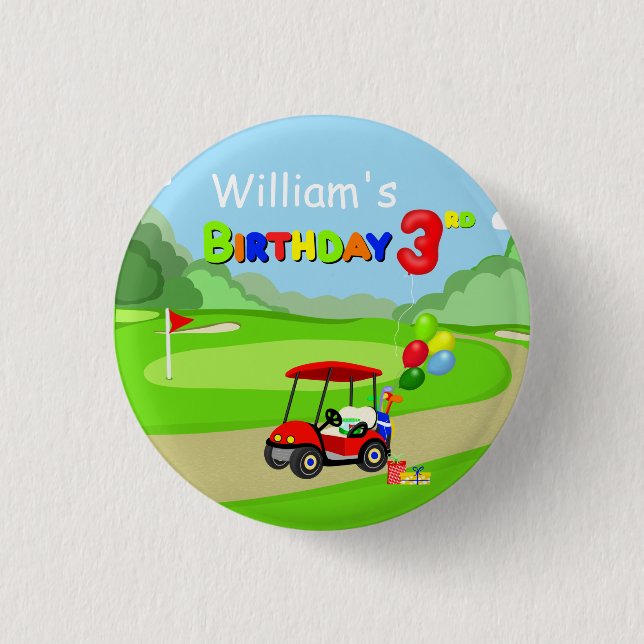 Chapa Redonda De 2,5 Cm Cute 3er cumpleaños Red Golf Cart Boy's (Anverso)
