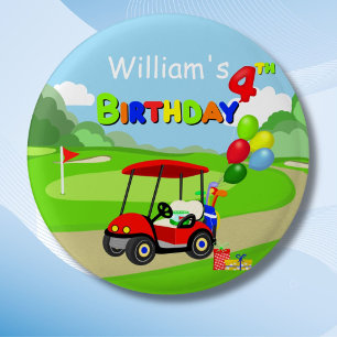 Chapa Redonda De 2,5 Cm Cute 4º cumpleaños Red Golf Cart Boy's