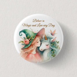 Chapa Redonda De 2,5 Cm Cute Bruja Unicornio Pin Magia Acuarela Fantasía