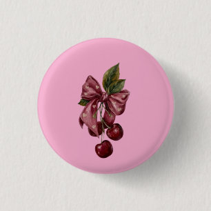 Chapa Redonda De 2,5 Cm Cute Coquette Lazo Cereza Rosa Estética