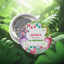 Chapa Redonda De 2,5 Cm Cute Girl Dinosaur 1st Birthday Party