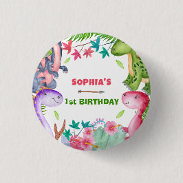 Chapa Redonda De 2,5 Cm Cute Girl Dinosaur 1st Birthday Party