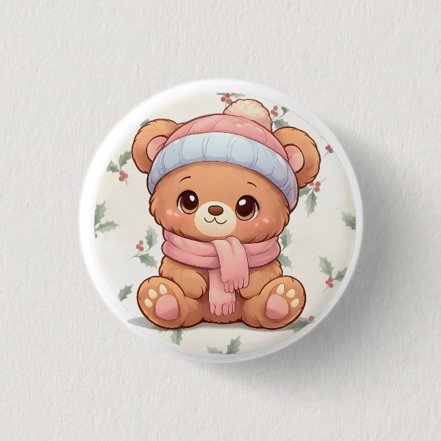 Chapa Redonda De 2,5 Cm Cute Kawaii Teddy Bear Winter Button (Anverso)